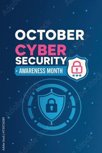 Cyber Security Awareness Month Banner with Shield, Lock, and Digital Data Protection Concept for October Awareness Design Generative AI