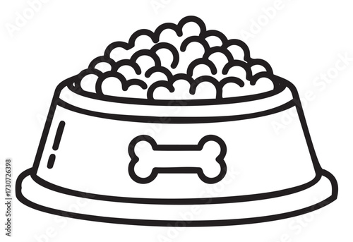 Black and white dog bowl with bone design filled with kibble - stock vector