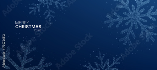 Shiny blue snowflake on dark background. Merry Christmas 2026 text. Winter holiday design element for greeting card and banner.