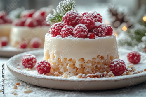 White chocolate dessert topped with raspberries.