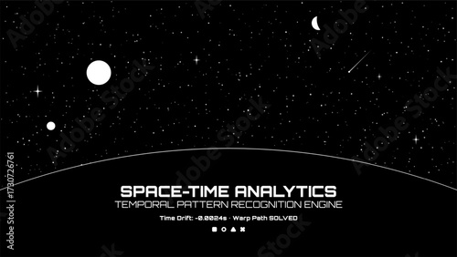 Space-time analytics and temporal pattern recognition engine illustration. Cosmic background with stars and planets for science.