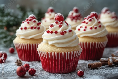 Cream-frosted cupcakes topped with cranberries.