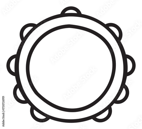 Outline of a circular tambourine with jingles in black and white - stock vector