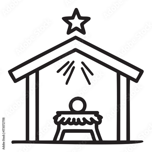 Simple line drawing of nativity scene with manger and star - stock vector