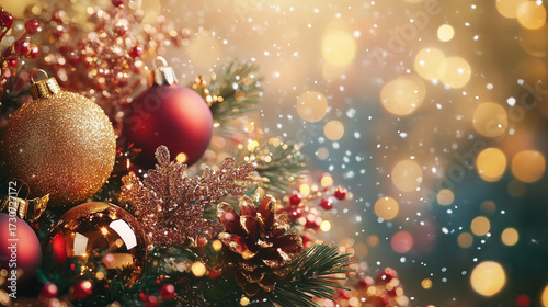 Christmas ornaments and pinecones with sparkling bokeh background  