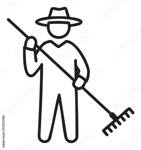 Outline icon of person holding rake with hat and gloves - stock vector