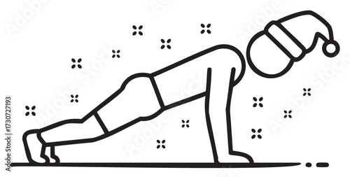 Stick figure doing plank exercise in santa hat with decorative snowflakes - stock vector