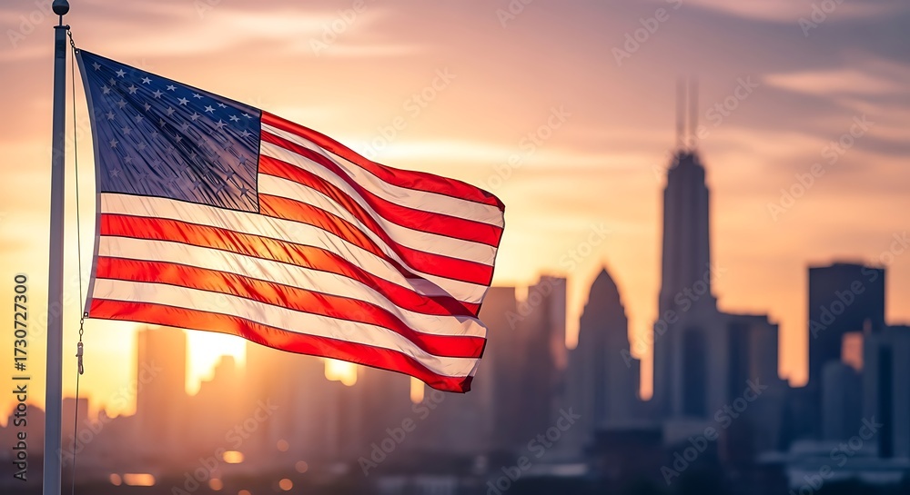 Naklejka premium American Flag Over City Skyline.