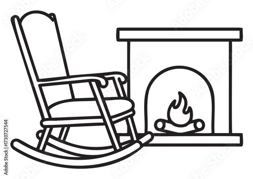 Cozy rocking chair by fireplace line art illustration for home decor - stock vector