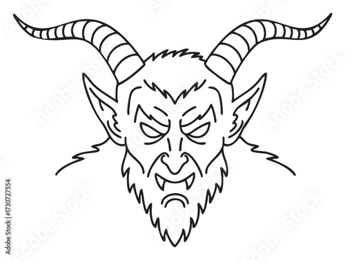 Black and white illustration of krampus with horns and beard - stock vector