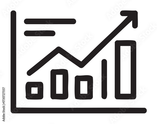 Simple black and white line chart illustration with rising arrow and bar graph - stock vector