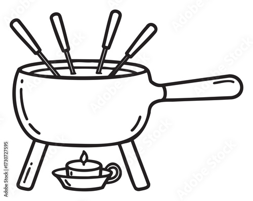 Line art of fondue pot with forks and candle for melting cheese or chocolate - stock vector