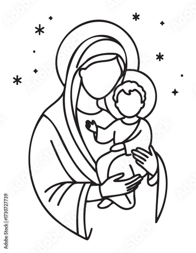 Line drawing of mother and child: religious art with halos and stars - stock vector