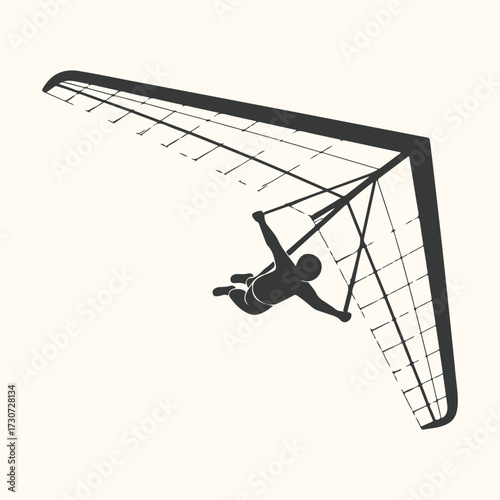 Vector art of silhouette of a person hang gliding with a large wing against a light cream background, conveying a sense of freedom and adventure in the sky