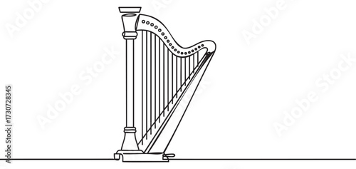 Elegant line drawing of a harp on a white background - stock vector