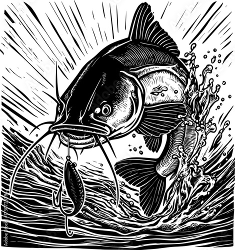 Dynamic catfish jumps out of water hooked on lure fishing art black and white