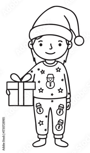 Young caucasian child in festive pajamas holding gift box for christmas - stock vector