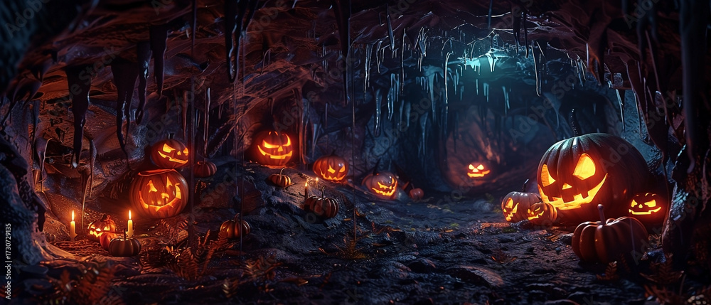 Fototapeta premium Eerily enchanting Halloween pumpkins glow in a subterranean landscape setting