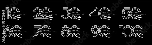 Set of modern vector logo designs for 10th to 100th anniversary with swoosh, in white color for celebrations, weddings and birthdays