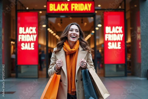 Excited Shopper Laughing on Black Friday with Shopping Bags