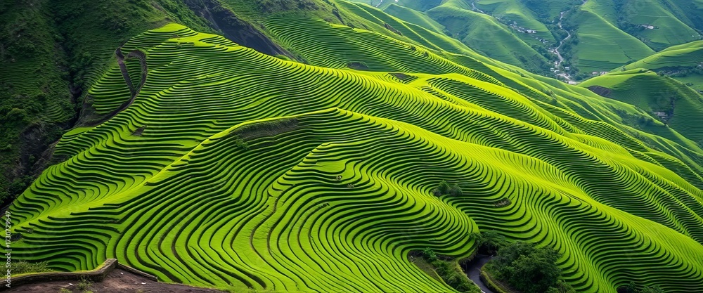Fototapeta premium Rolling green tea terraces cascading down volcanic slopes, Sao Miguel, Azores, waves, organic