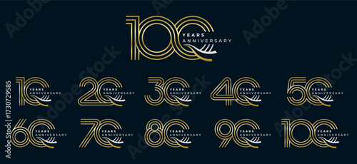 Set of modern vector logo designs for 10th to 100th anniversary with swoosh, in gold color for celebrations, weddings and birthdays
