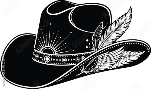 Black cowboy hat with feathers, celestial sun and star design, western fashion accessory illustration, ornate decorative vector art on white