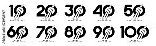 Set of modern vector logo designs for 10th to 100th anniversary with swoosh, in black color for celebrations, weddings and birthdays