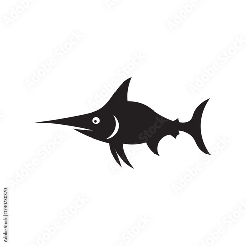  abstract swordfish silhouette vector – bold black aquatic design with cartoon eye and crescent tail for marine themes.