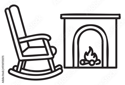 Cozy scene with rocking chair and fireplace in simple line art style - stock vector