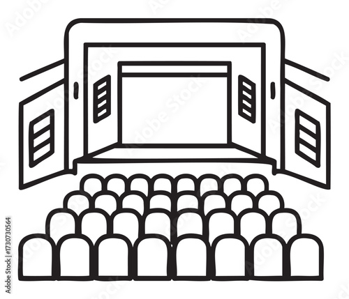 Simple line drawing of an indoor theater with empty chair rows and stage setup - stock vector