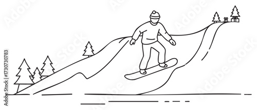 Outline of male snowboarder descending snowy mountain with evergreen trees - stock vector