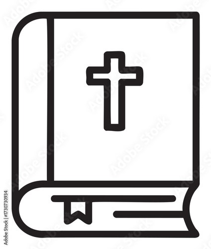 Simple black and white bible line drawing with cross and bookmark - stock vector