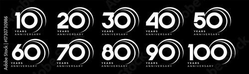 Set of modern vector logo designs for 10th to 100th anniversary with swoosh, in white color for celebrations, weddings and birthdays