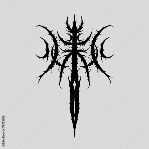 Tribal sword with crescent moon vector design, dark gothic style, ideal for tattoos, posters, stickers, apparel, and occult inspired art