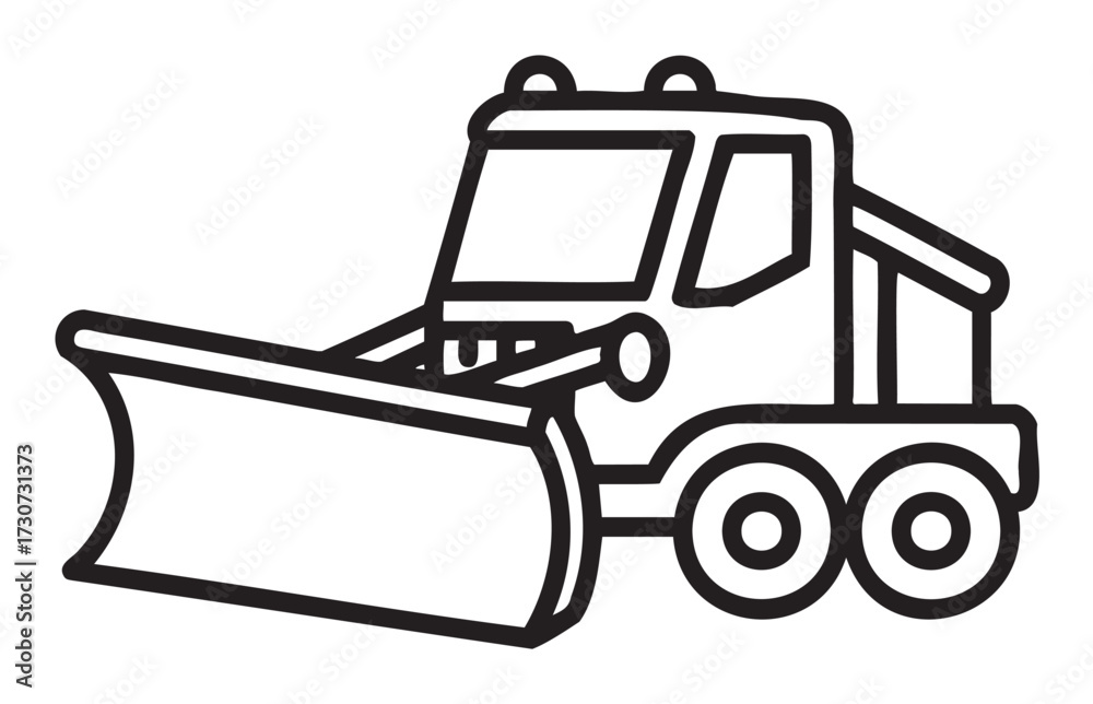 Naklejka premium Black and white line drawing of a snowplow truck with front plow attachment - stock vector