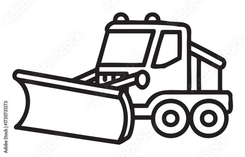 Black and white line drawing of a snowplow truck with front plow attachment - stock vector