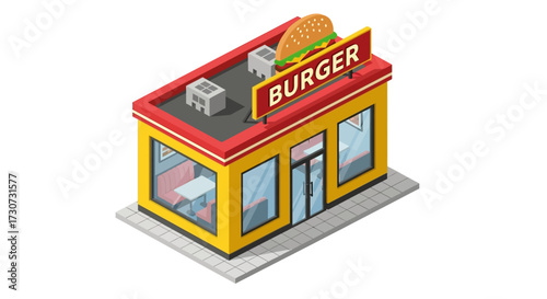 Isometric burger restaurant building with red roof and yellow walls.
