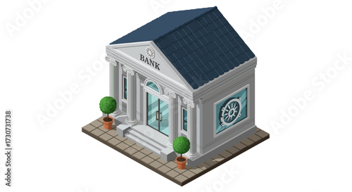Isometric bank building with columns, steps, and potted plants on a tiled surface.