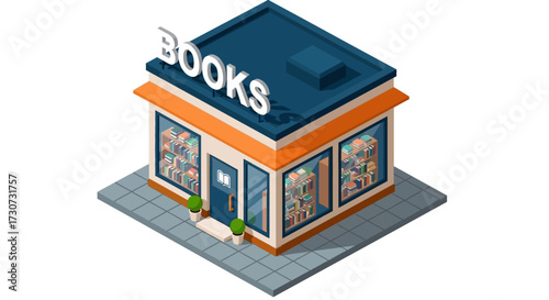 Isometric illustration of a bookstore with a blue roof and orange awning.