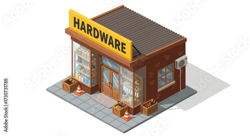 Isometric illustration of a hardware store with a yellow sign and display windows.