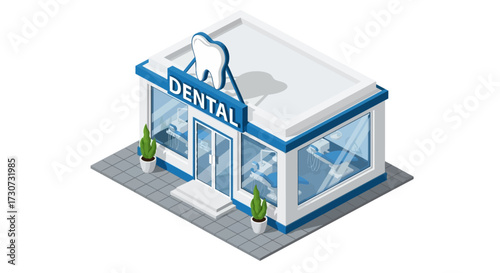 Isometric dental clinic building with tooth sign and plants.