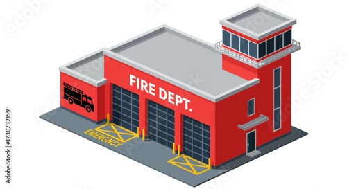 Isometric fire station building with trucks and tower.