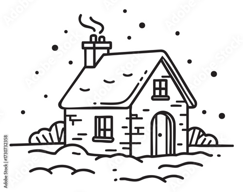 Cozy cottage in winter landscape with snowflakes falling and smoke from chimney - stock vector