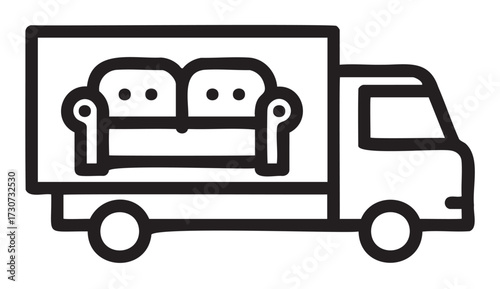 Simple line drawing of a moving truck with a couch icon on the side - stock vector