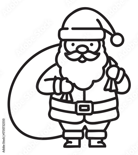 Cheerful santa claus line art with bulging gift sack and classic outfit - stock vector