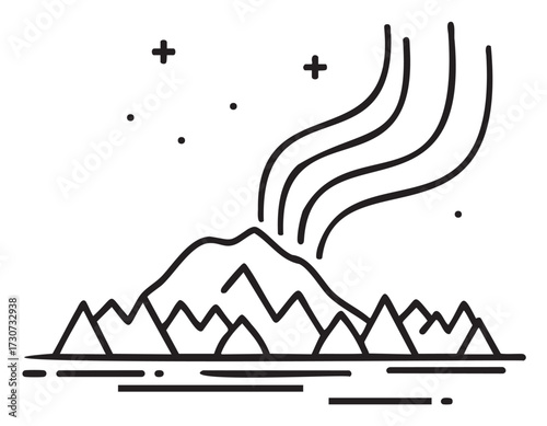 Minimalist line art of erupting volcano with stars and smoke - stock vector