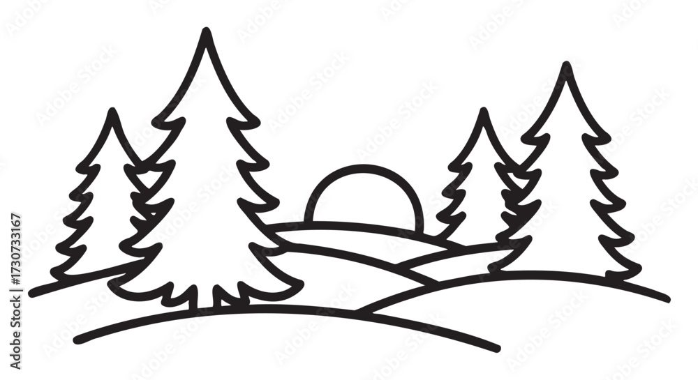 Obraz premium Outline of pine trees and rolling hills with sunset - stock vector