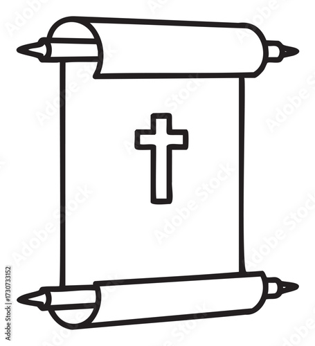 Religious scroll with cross symbol line art on white background - stock vector
