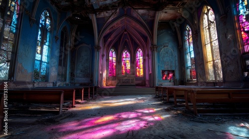 Eerie abandoned church interior with broken stained glass windows casting colorful shadows on altar
